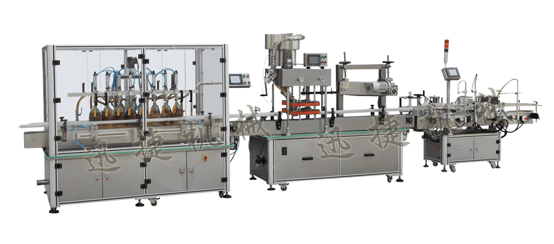 灌裝機+全自動封蓋機（自動理蓋，自動扣蓋，自動旋壓蓋）+貼標機